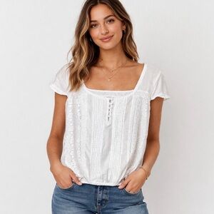 SO White Lace Cotton Blouse Size S Peasant Boho Elastic Hem Short Sleeve